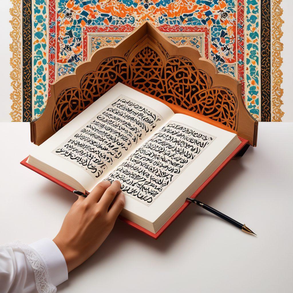 An open book with elegant Arabic calligraphy showcasing grammar rules, surrounded by vibrant, traditional Arabic patterns in the background. Include a silhouette of a person studying with a pen and notepad, deep in thought. The scene should convey a sense of learning and cultural richness. super-realistic. vibrant colors. white background.