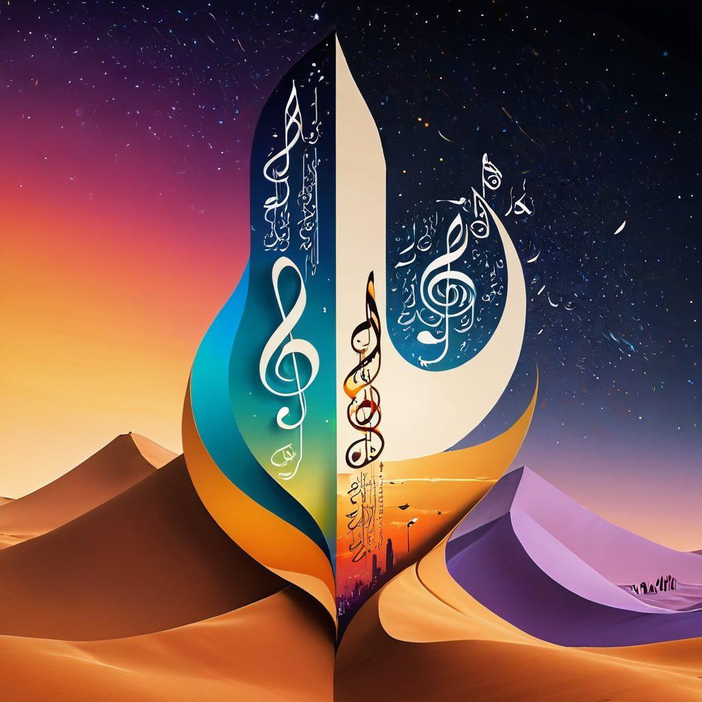 An elegant split-screen design showing the basics of Arabic script on one side with simple geometric shapes illustrating phonetics, and on the other side, a vibrant depiction of advanced Arabic morphological patterns entwined by musical notes symbolizing sound. The background should be a subtle gradient of warm desert tones merging into cooler night sky hues, evoking a sense of depth and cultural richness. super-realistic. vibrant colors. 3D.