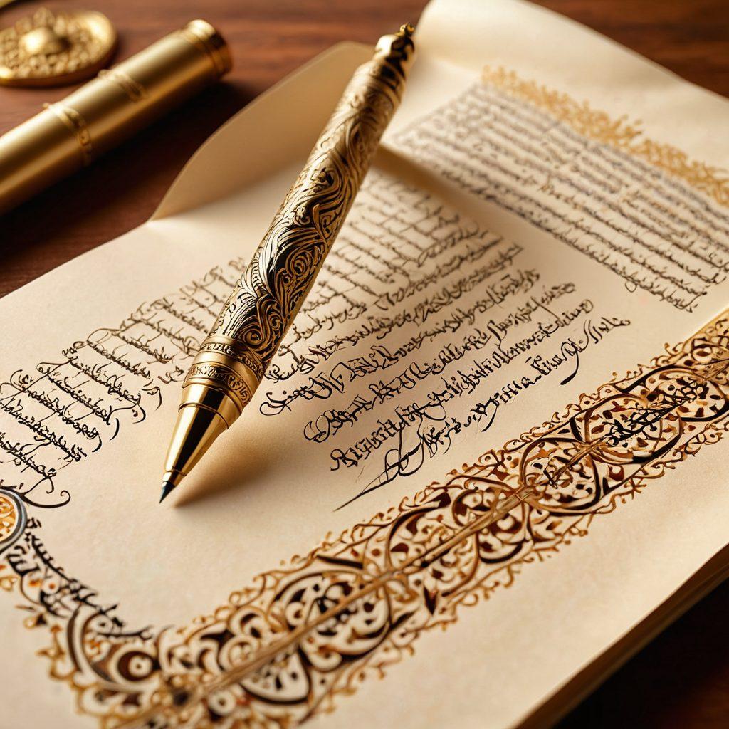 An elegant calligraphy pen poised above a parchment scroll, with Arabic script beautifully flowing across the page. Nearby, an open book displaying tips and rules for writing in Arabic, surrounded by intricate decorative motifs inspired by Arabic culture. Soft golden light creating a warm, inviting atmosphere. artistic detail. super-realistic. vibrant colors.